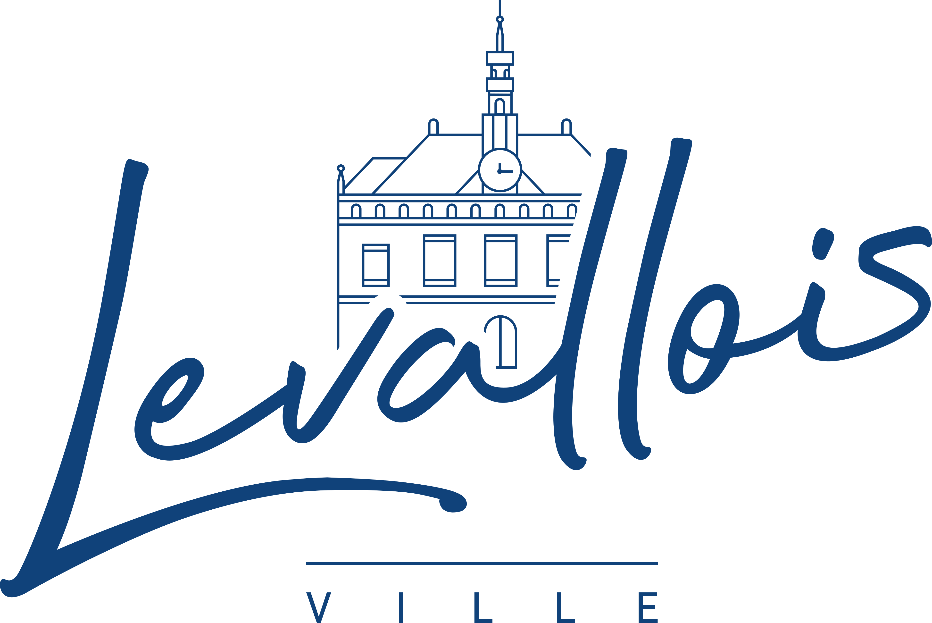 Logo de Levallois avec dessin stylisé d'un bâtiment historique et texte manuscrit.