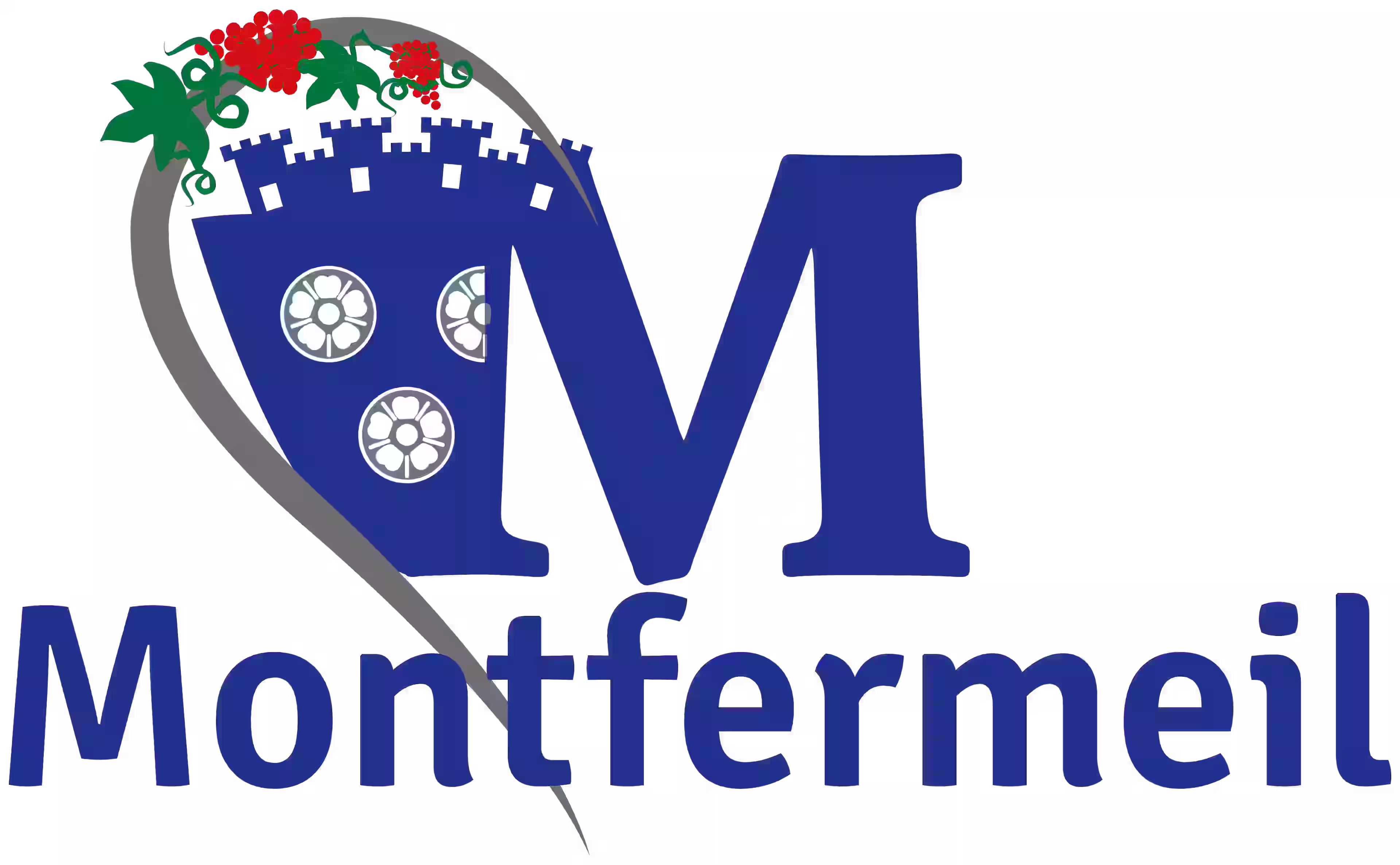 Logo de Montfermeil avec un grand M bleu, un château stylisé et un cœur avec des fleurs rouges.