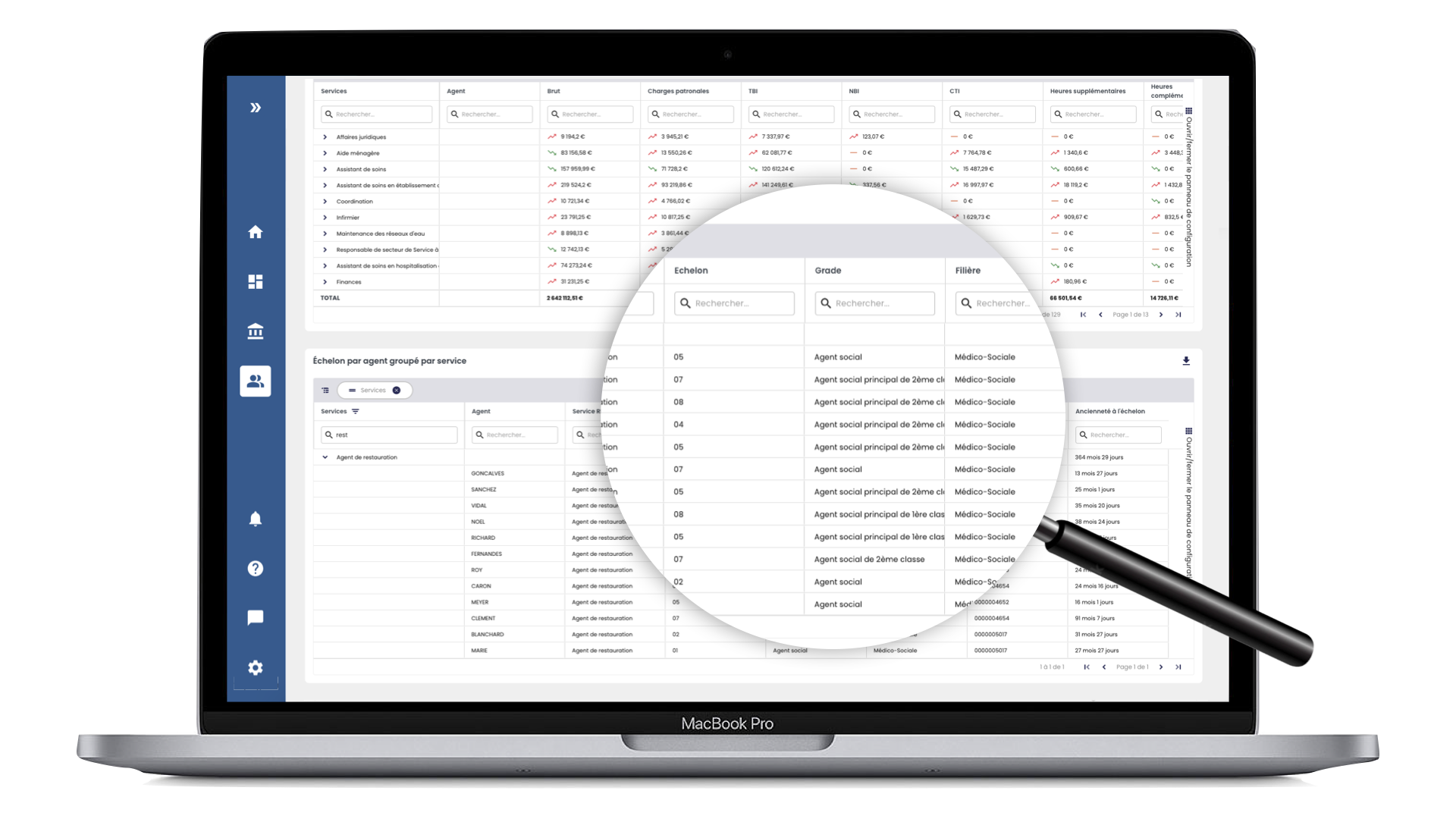 Échelon, grade, filière par agent, regroupé par service dans Manty Prospective RH