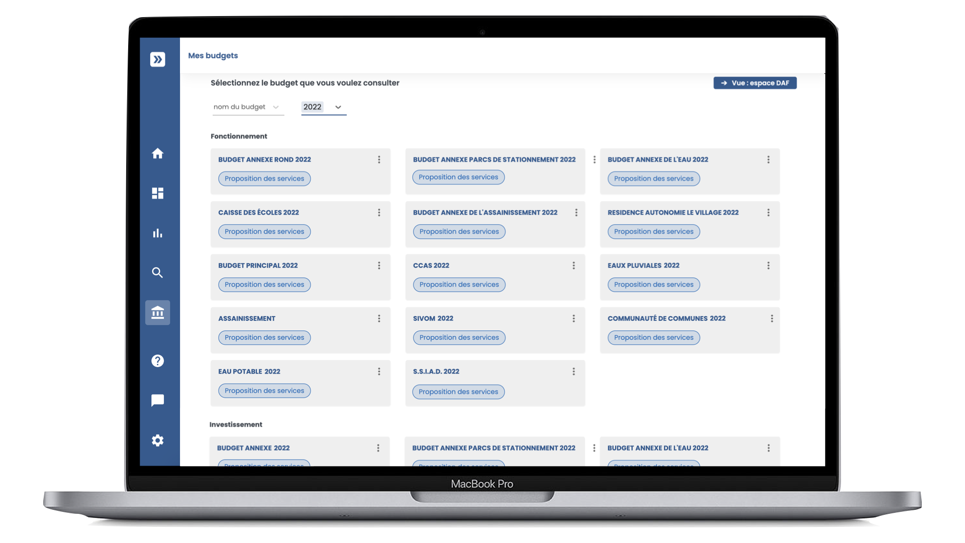 Page d'accueil de Manty Budget permettant de choisir le budget que l'on souhaite consulter, principal ou annexe.