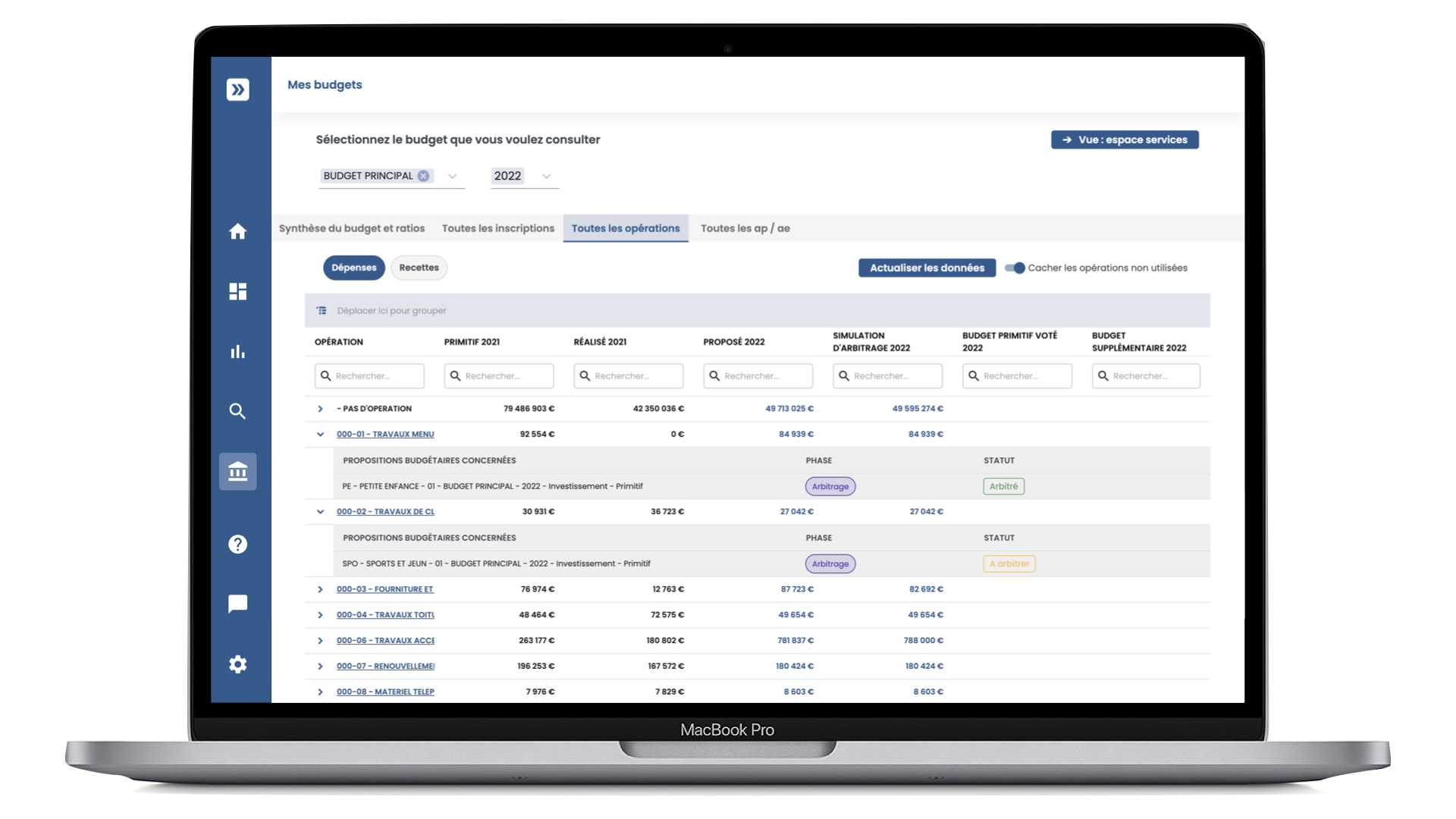 PPI - Vue sur toutes les opérations de la collectivité pour le budget principal en investissement de la collectivité dans le logiciel Manty Budget.