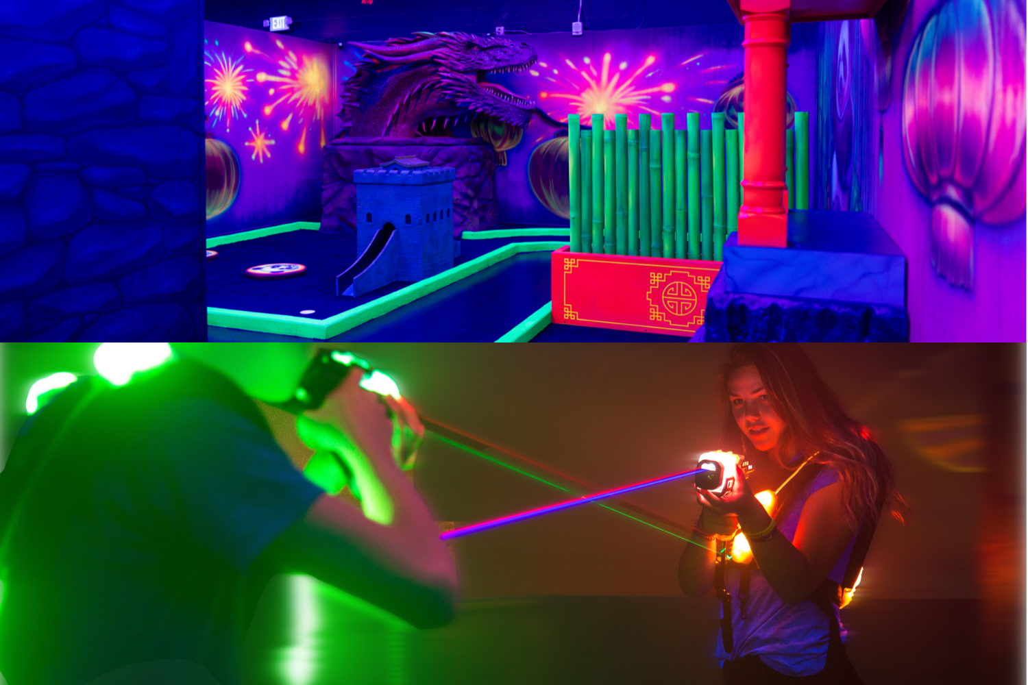 A colorful mini-golf course featuring neon lights and a dragon mural on the wall, alongside a laser tag arena with two players aiming their laser guns at each other in a dark setting.
