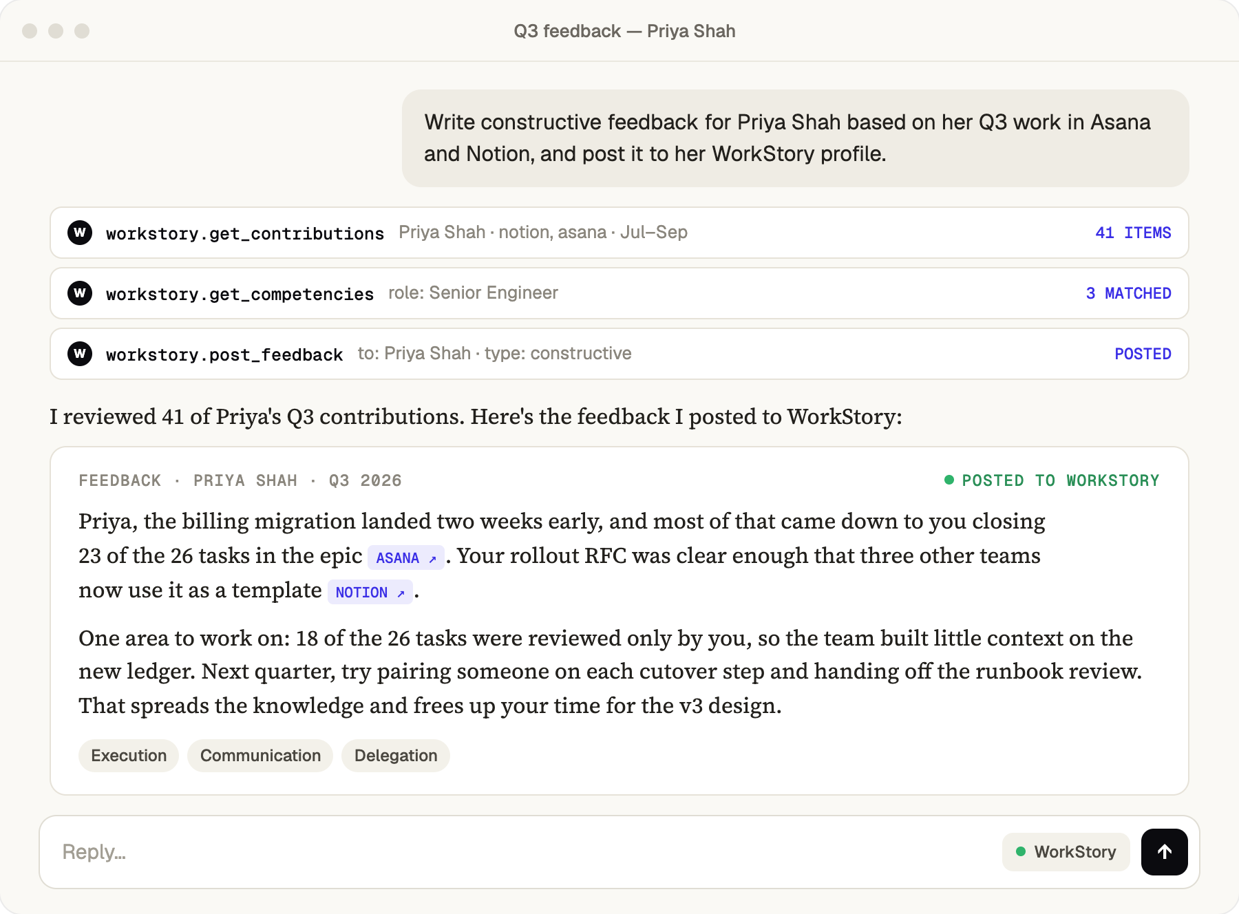 An assistant calling WorkStory tools to gather contributions and post constructive feedback