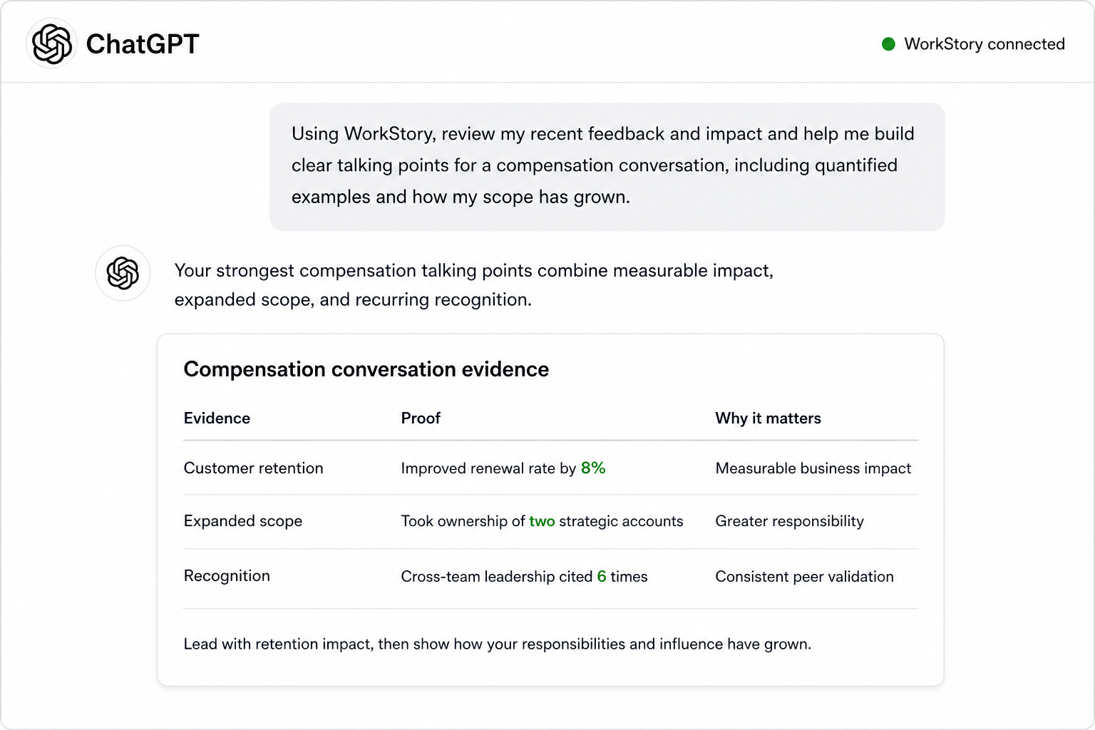 Example AI conversation using WorkStory data