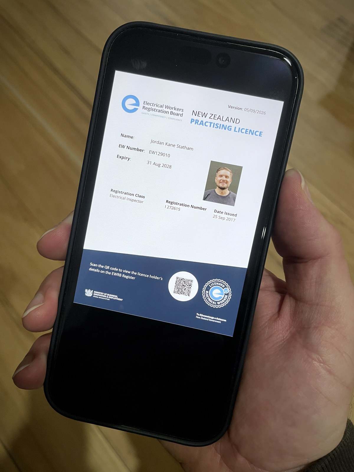 A New Zealand Practising Licence shown in the EWRB app, registration class Electrical Inspector