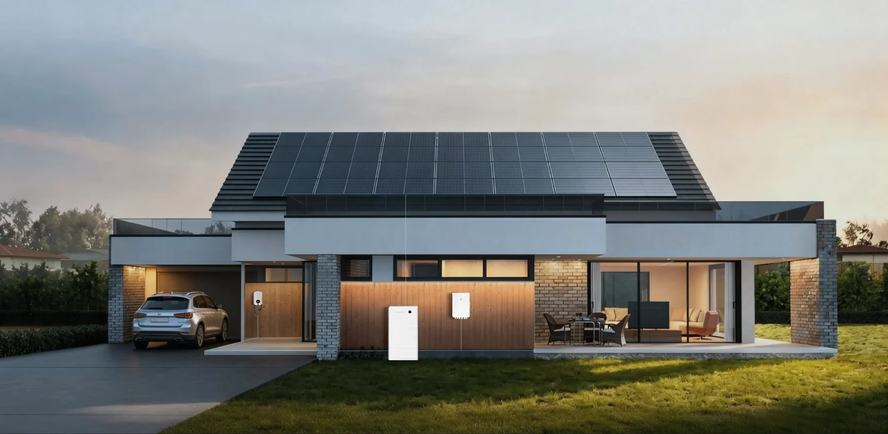 A house at dusk with rooftop solar, a SigenStor unit on the wall and a car charging in the driveway