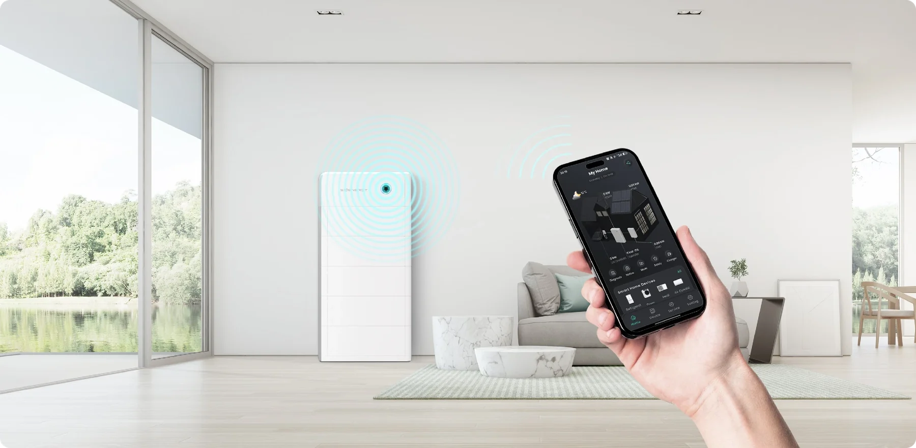 A SigenStor unit beside a living room, with the mySigen app open on a phone in the foreground