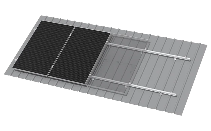 A Clenergy rail mounting system holding solar panels on a corrugated metal roof