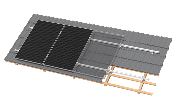 A Clenergy rail mounting system on a tiled roof, fixed through to the roof battens