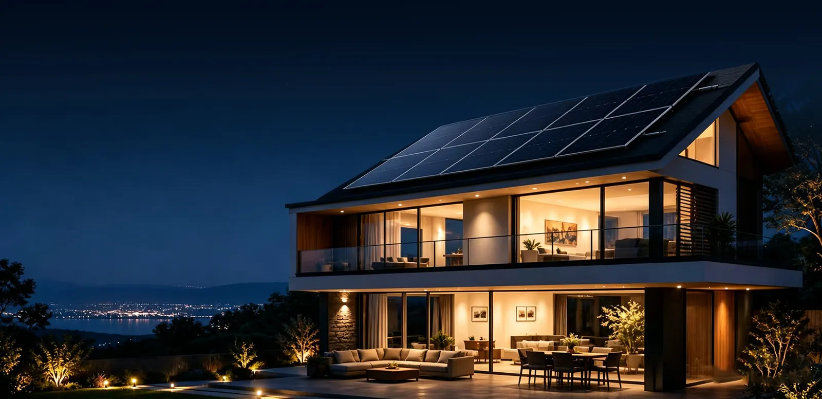 A two storey house at night with a row of solar panels on its roof