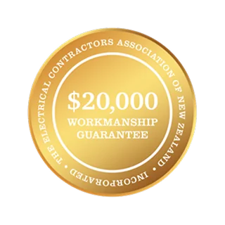 A gold seal reading $20,000 Workmanship Guarantee, Electrical Contractors Association of New Zealand