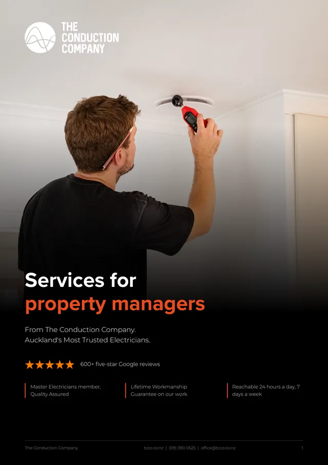 Cover page: an electrician testing a ceiling fitting, above the title Services for property managers