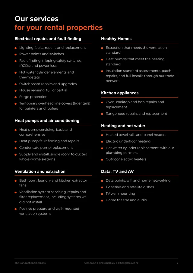 Page 2: a two-column list of services for rental properties, from repairs and heat pumps to Healthy Homes