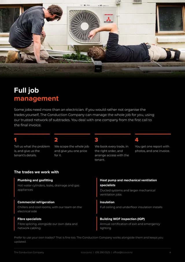 Page 4: four numbered steps of full job management and a list of partner trades, below a heat pump photo