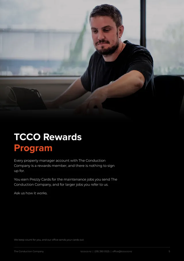 Page 5: the rewards program page, with a man at a desk above a short note on earning Prezzy cards