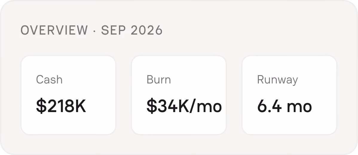 Puzzle overview dashboard showing cash, monthly burn and runway