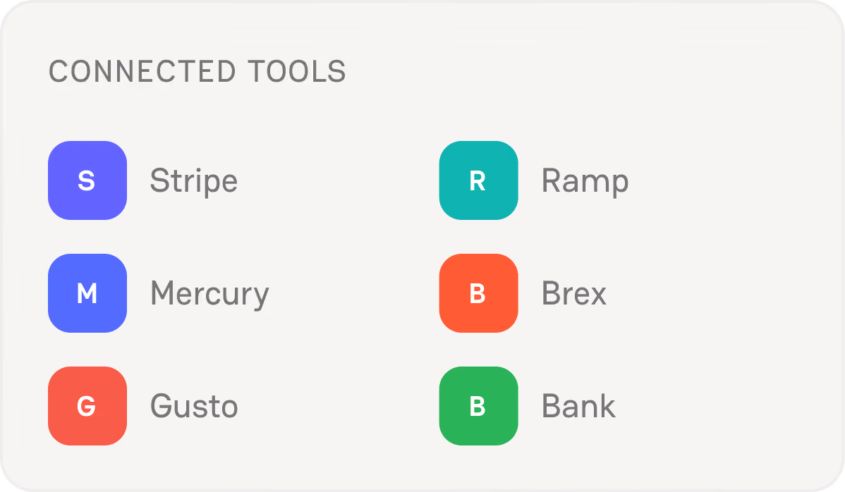 Puzzle connected tools: Stripe, Mercury, Gusto, Ramp, Brex and bank accounts