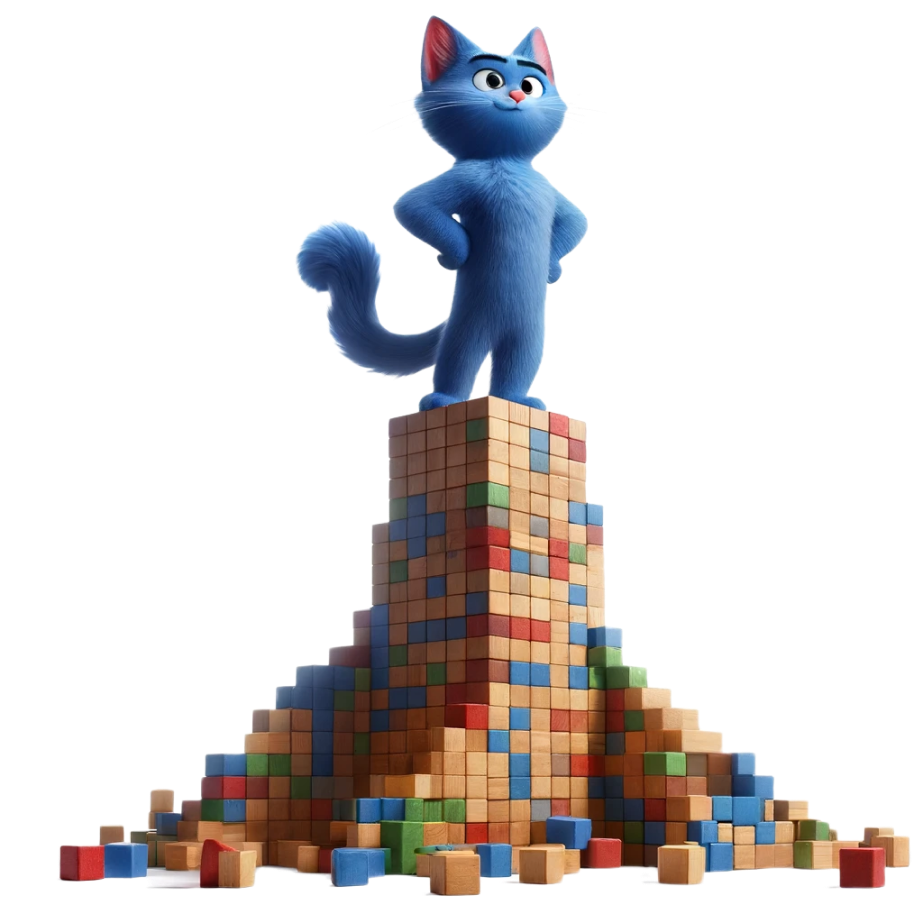 A cat standing confidently on top of a stack of wooden blocks