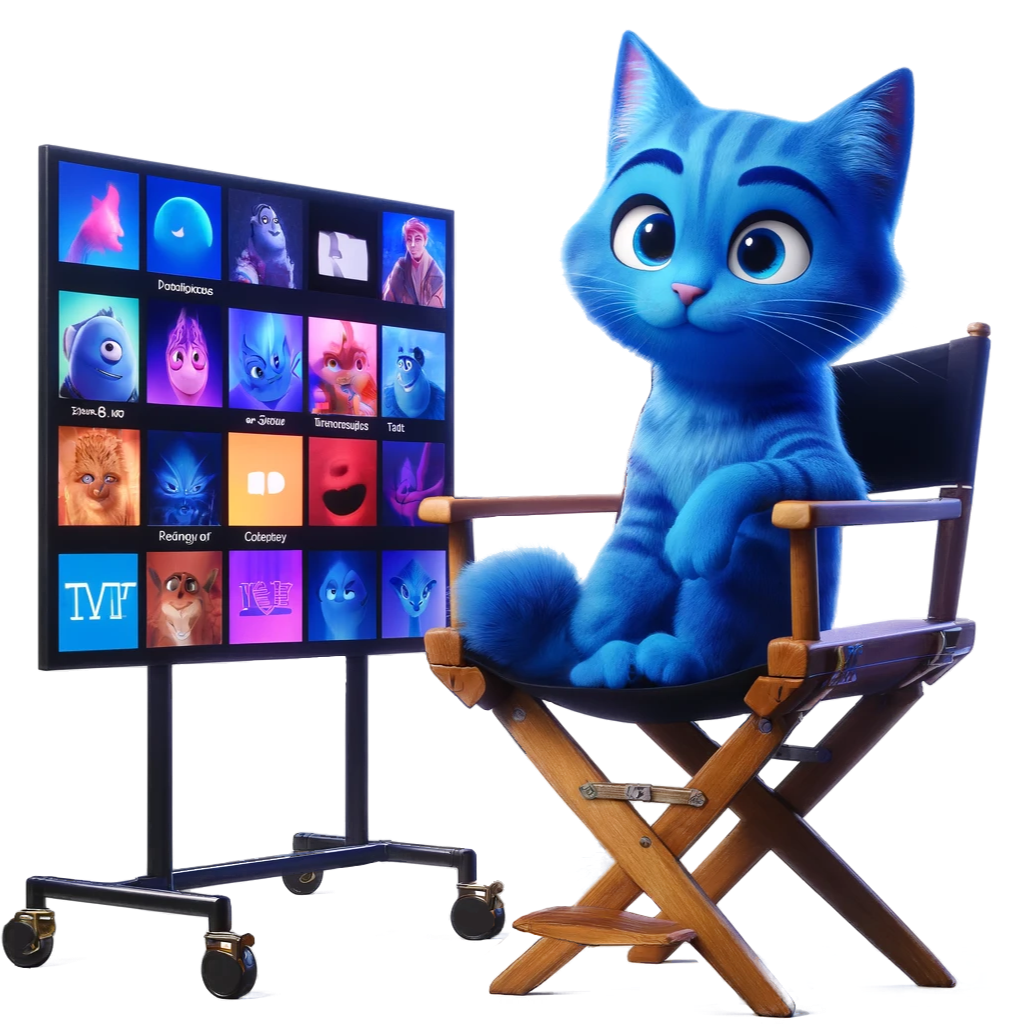A cute blue cat sitting on a directors chair, beside a video-on-demand platform