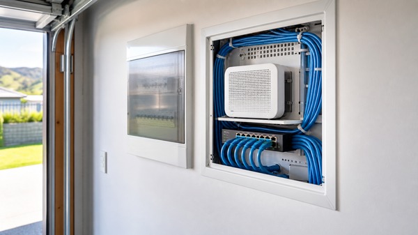 A recessed garage wall cabinet holding a router, a network switch and blue patch leads