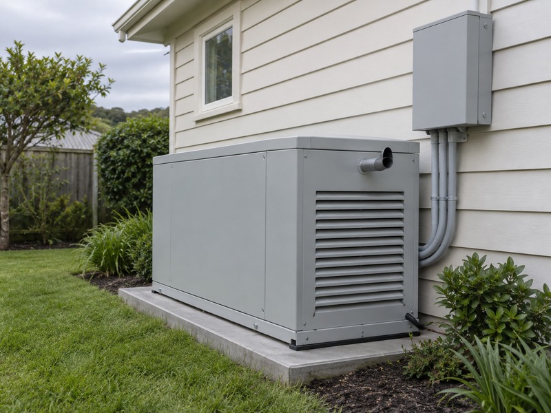 A standby generator on a concrete pad beside a house, with conduit running up to the changeover switch on the wall