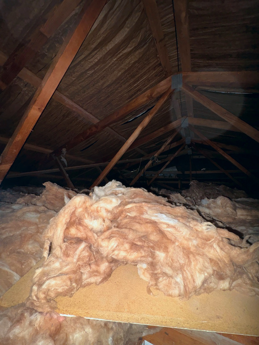 Fluffy insulation laid across the ceiling in a dark roof space, with timber rafters overhead