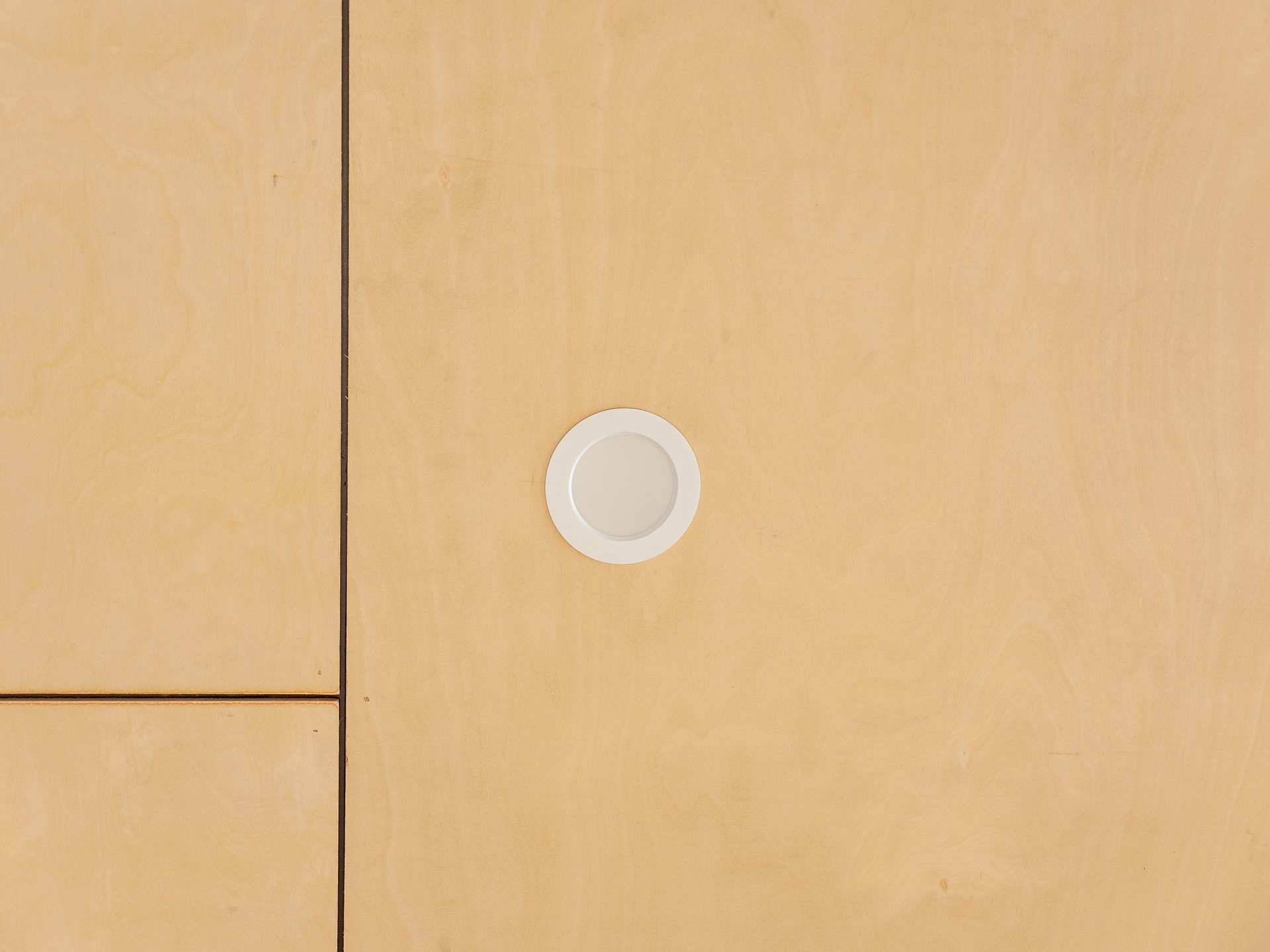 A downlight fitted flush into a plywood ceiling