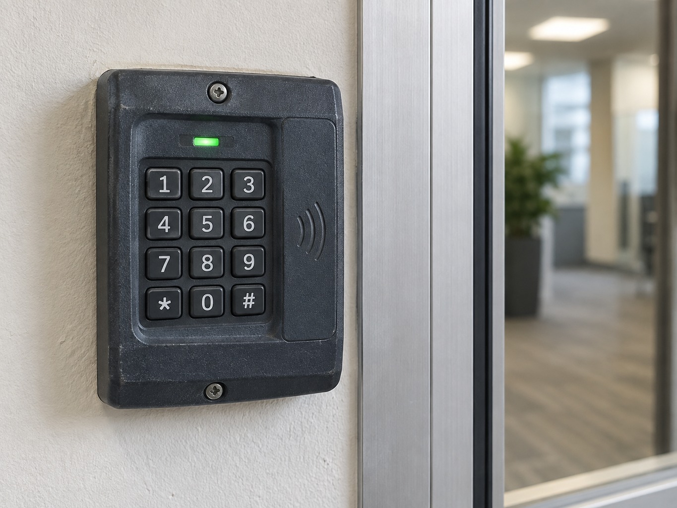 A numeric keypad and card reader mounted on the wall beside a glass office door