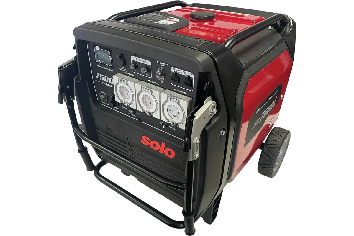 A SOLO 7500 inverter generator on a wheeled frame, with a digital display, circuit breakers, and three power outlets.