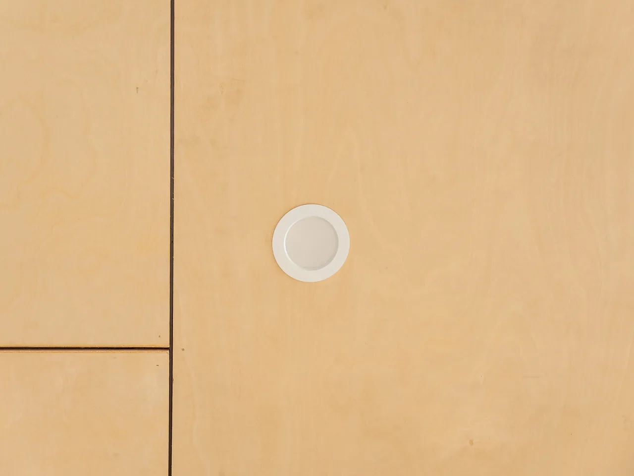 A round downlight fitted flush into a plywood ceiling