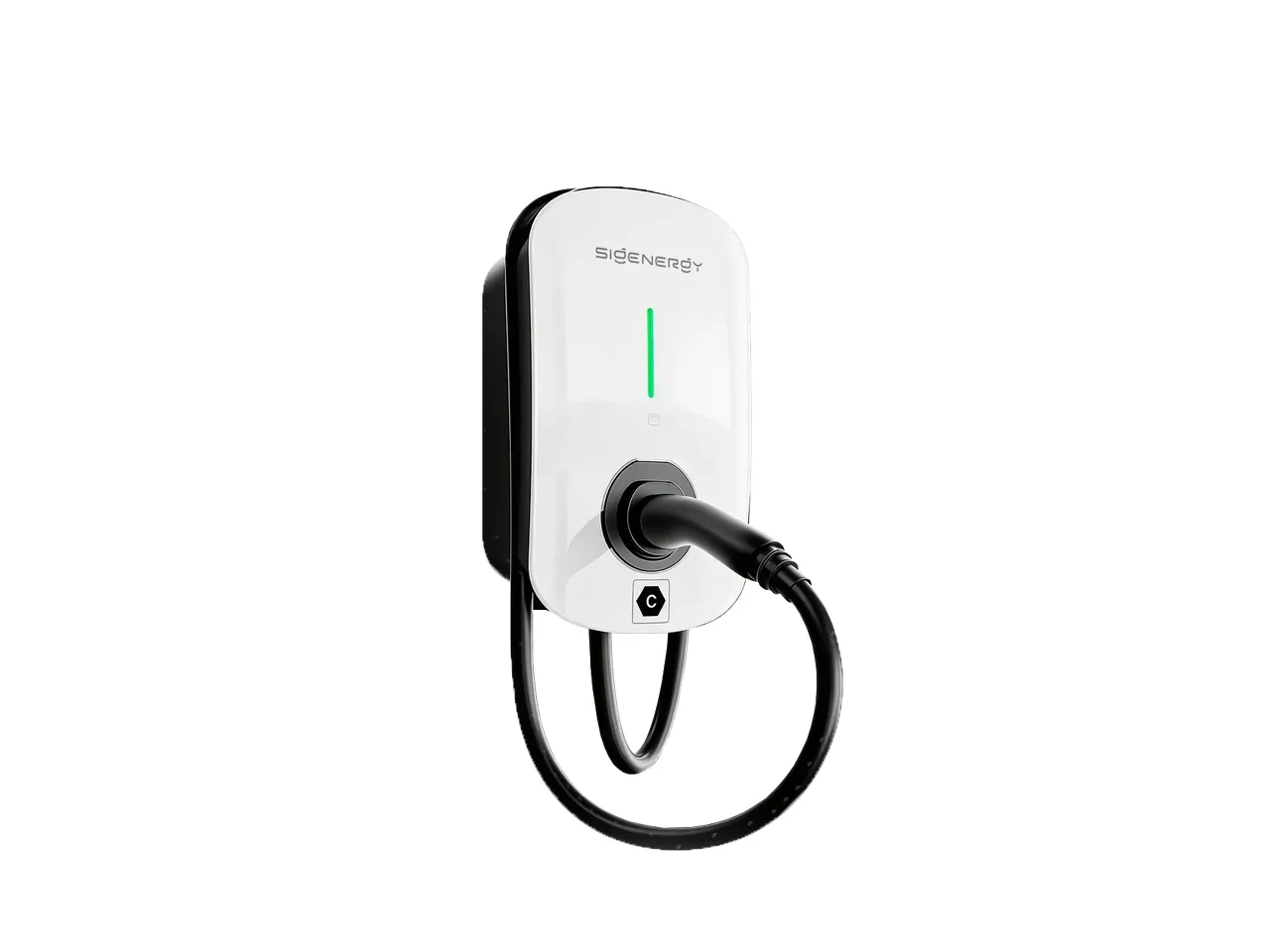 A white Sigenergy electric vehicle charger on a plain background, its charging cable coiled below