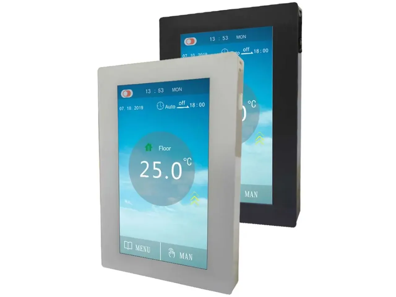 White and black touch screen underfloor heating thermostats reading a floor temperature of 25 degrees