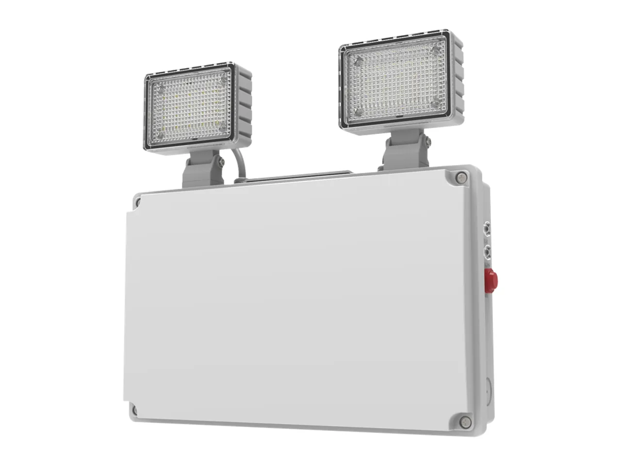Twin head grey and white weatherproof emergency floodlight fitting with a red test button