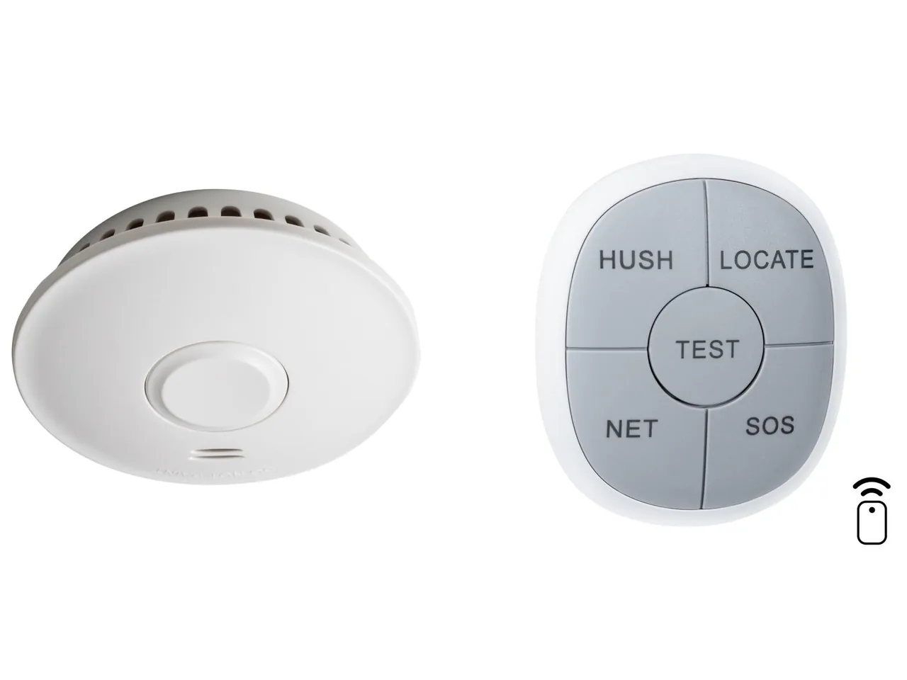 White ceiling smoke alarm beside its handheld remote with hush, locate, test, net and SOS buttons