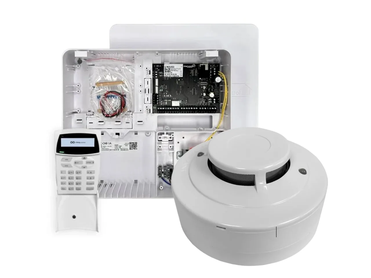 Alarm system panel with its circuit board open, a keypad and a hardwired smoke alarm