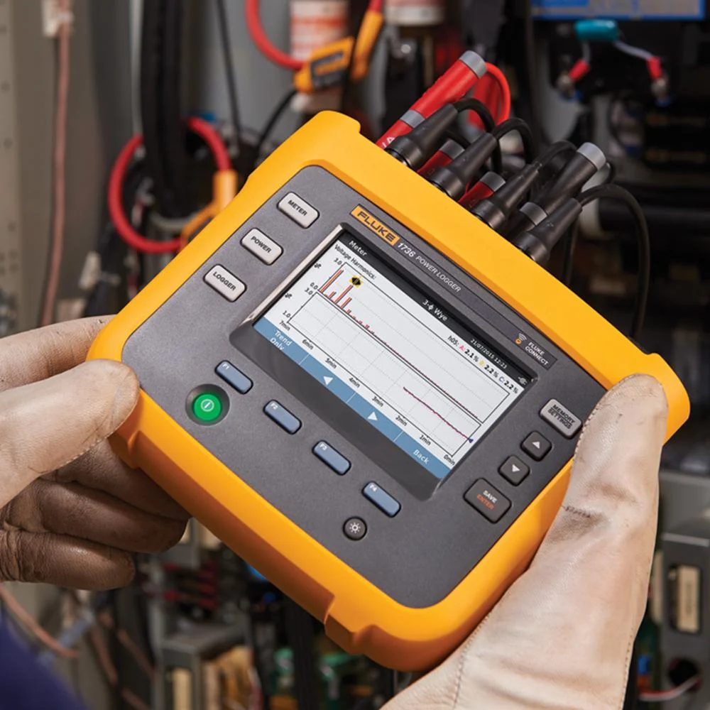 A gloved hand holds a Fluke power logger showing live voltage harmonics at an open switchboard