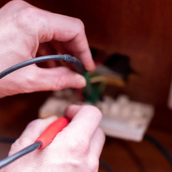 Two hands rewiring a power lead into a plug top on a wooden bench