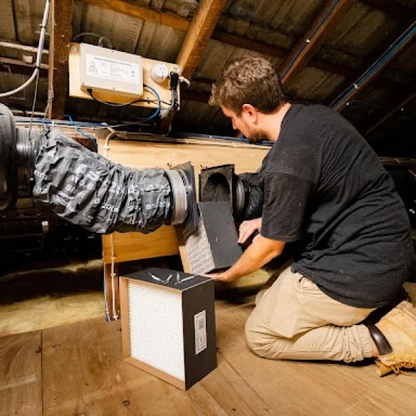 An installer sliding a filter into a home ventilation unit in a roof space