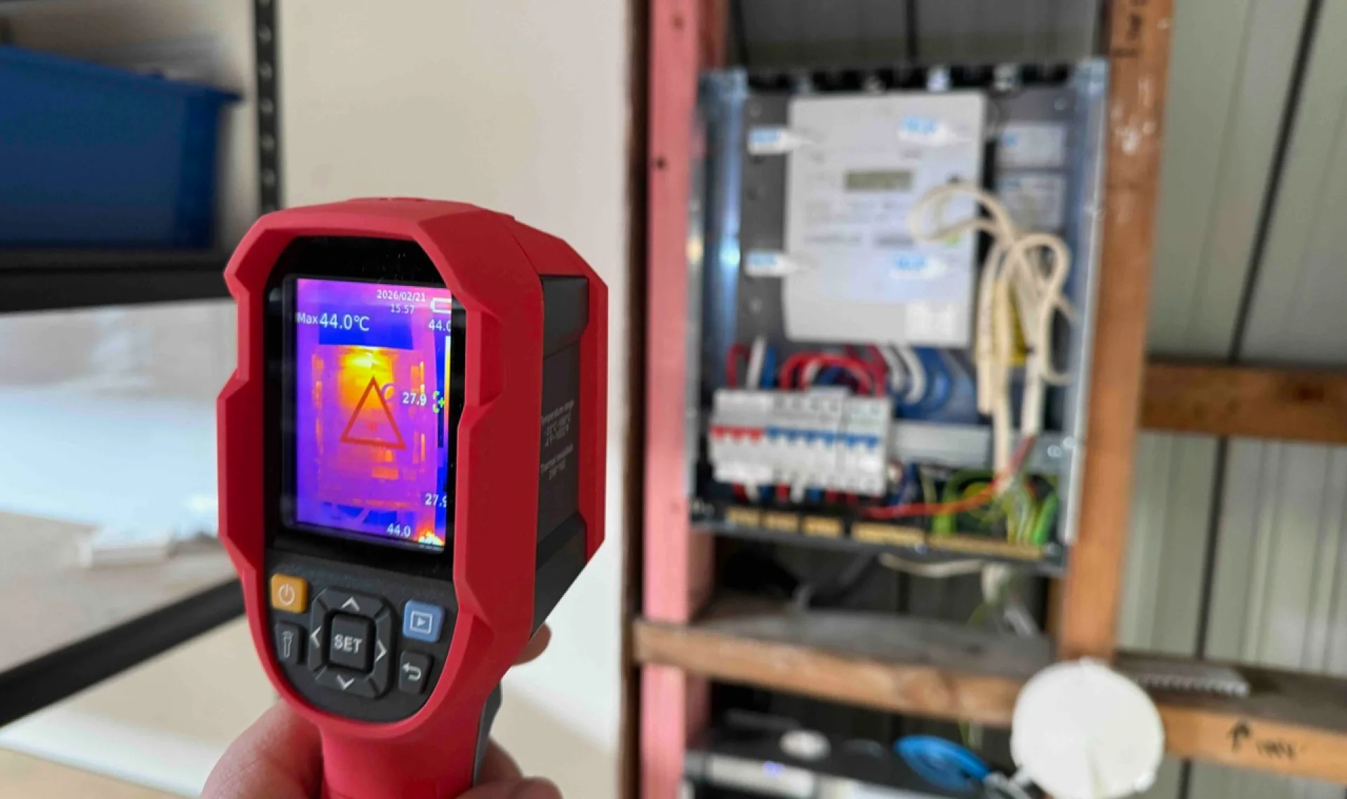 A thermal imaging camera showing a 44 degree hot spot in front of an open switchboard