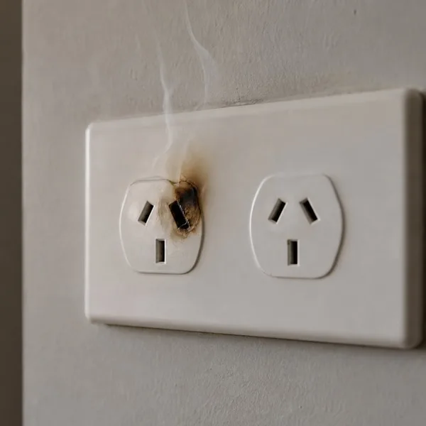 A double wall socket with scorching and smoke rising from one outlet