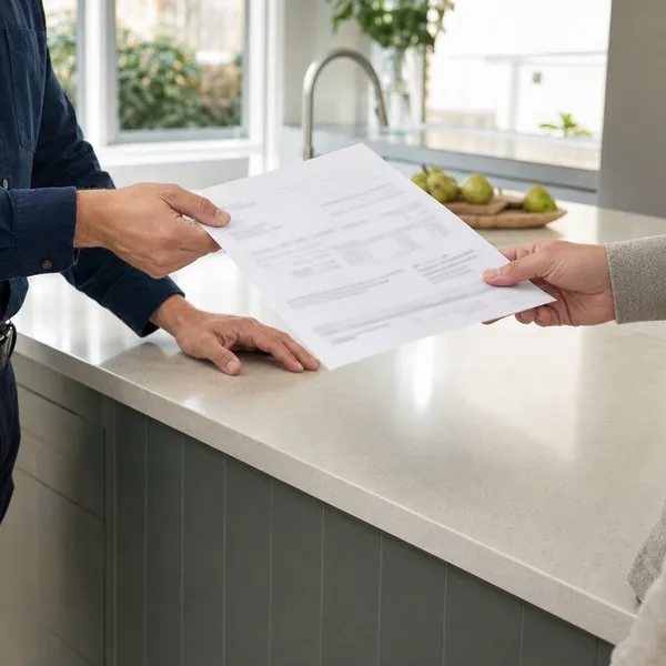 A tradesperson handing a printed quote across a kitchen benchtop to a client