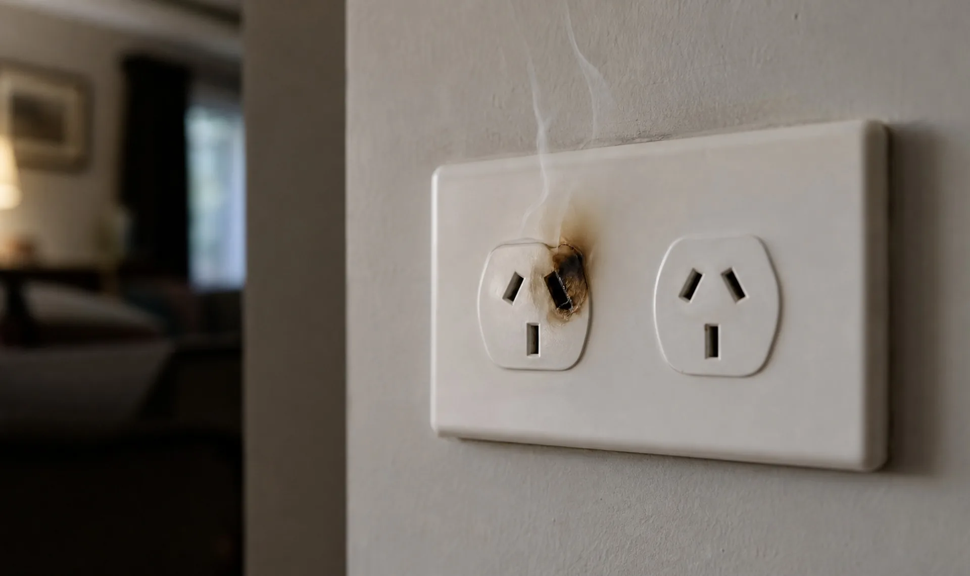 A double wall socket with scorching and smoke rising from one outlet