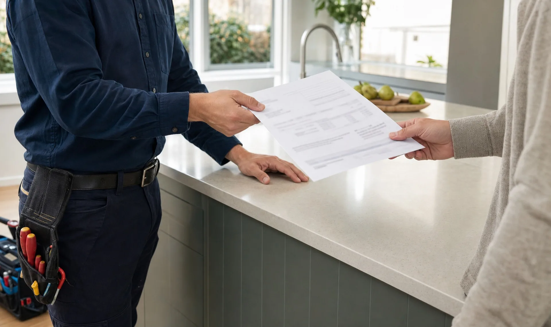 A tradesperson handing a printed quote across a kitchen benchtop to a client