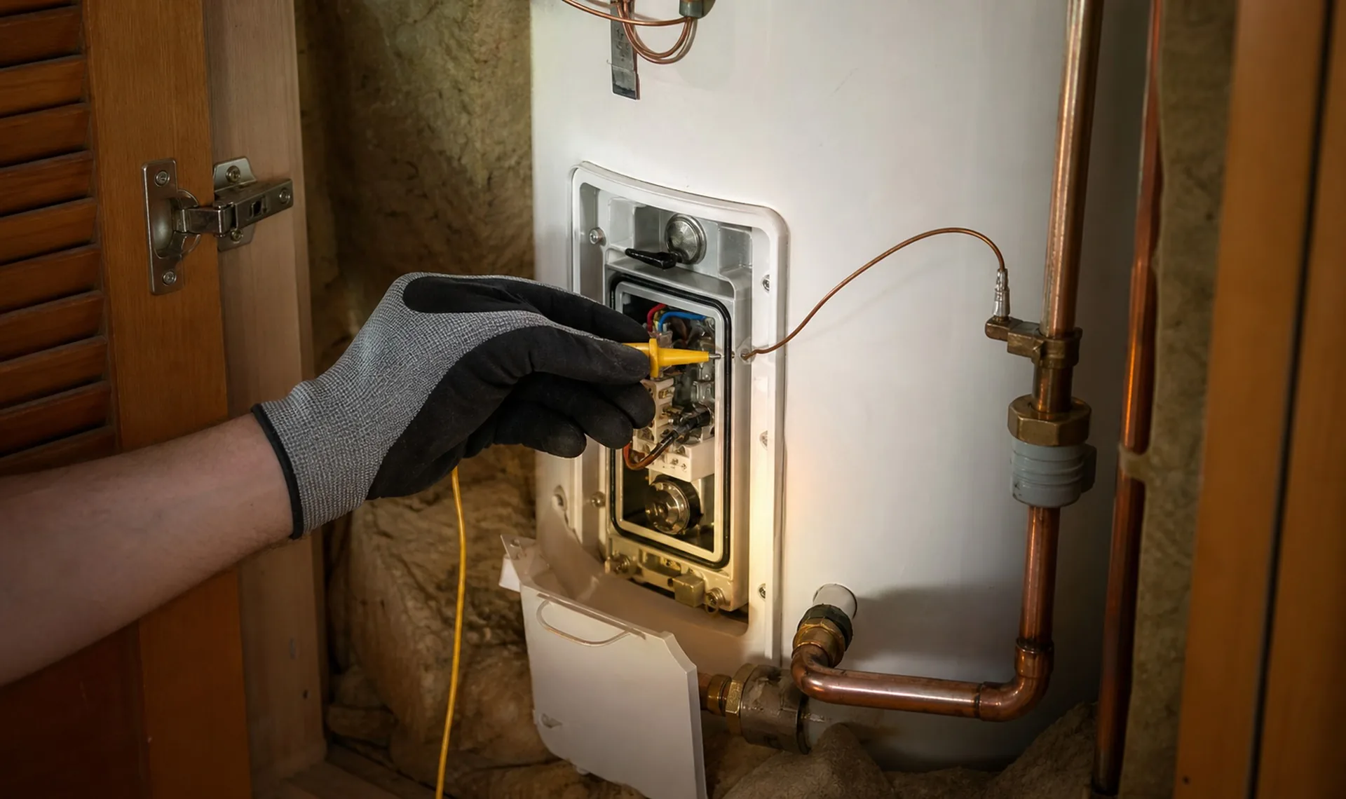 A gloved hand testing the element and thermostat behind the access cover of a hot water cylinder
