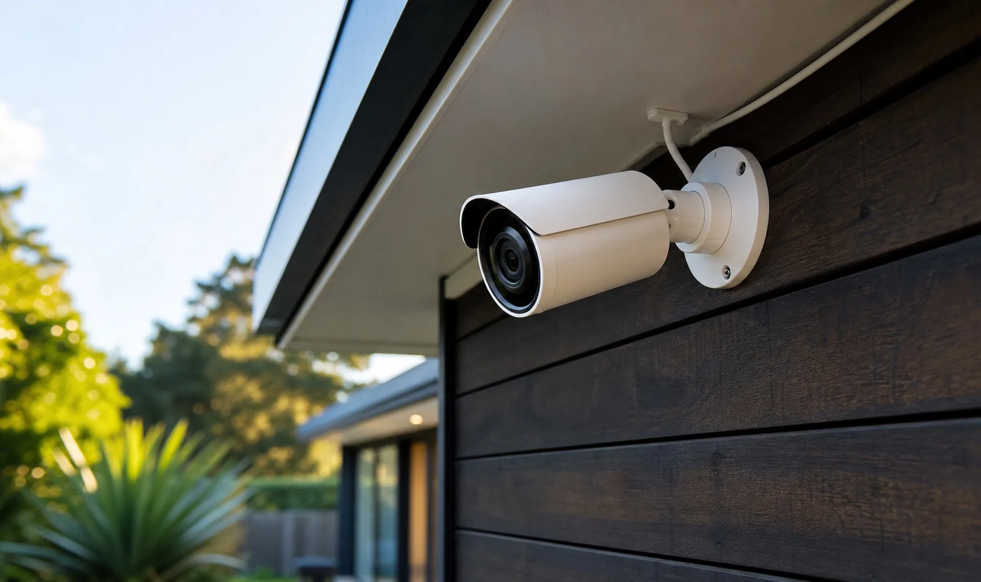 A white bullet CCTV camera mounted under the eaves of a dark timber-clad house