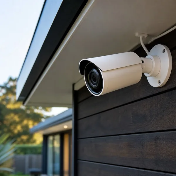 A white bullet CCTV camera mounted under the eaves of a dark timber-clad house