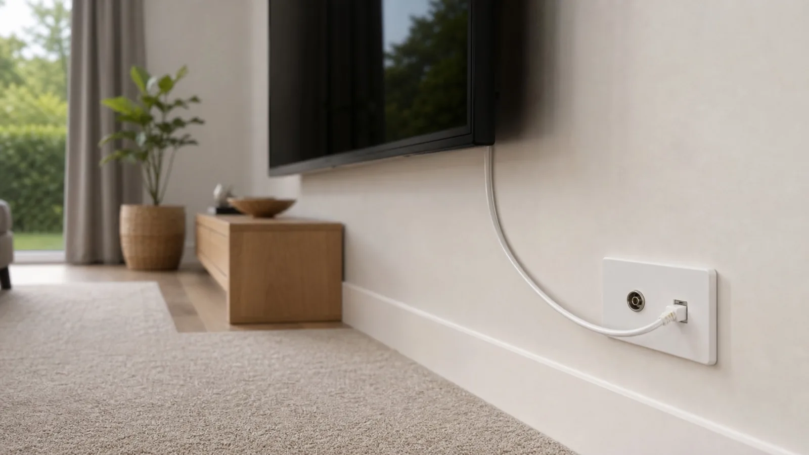 A wall-mounted TV in a lounge with a white cable running to an aerial wall plate