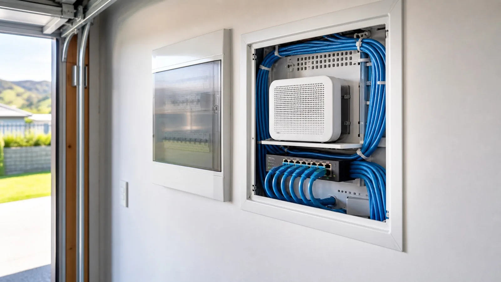 A recessed garage wall cabinet holding a router, a network switch and blue patch leads
