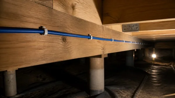 A blue network cable clipped along a floor joist in the crawl space under a house