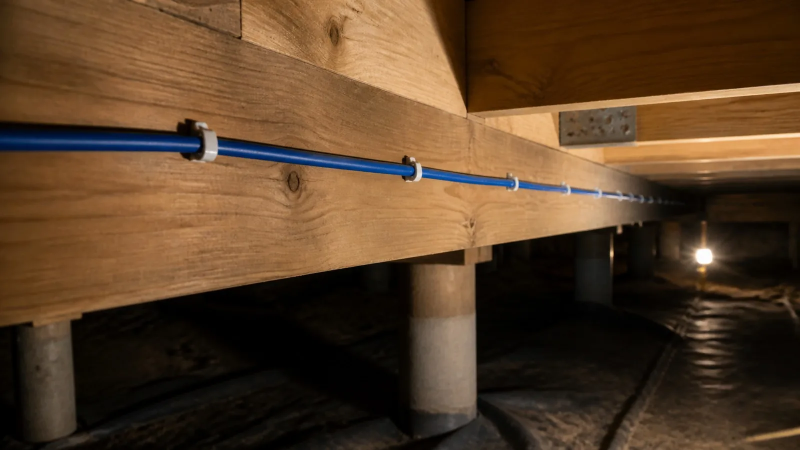A blue network cable clipped along a floor joist in the crawl space under a house